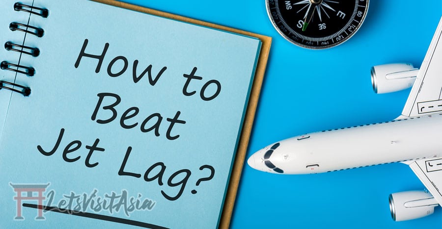 an image with a toy plane and watch with a book titled "how to beat jet lag"