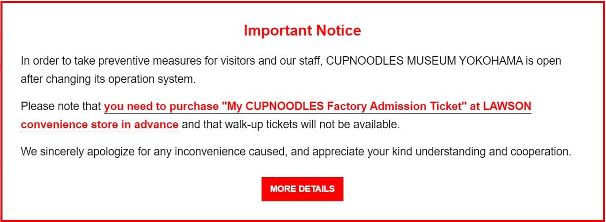 A pop up notice on the cup noodle museum official website detailing the preventative measures to buy admission tickets during the covid outbreak