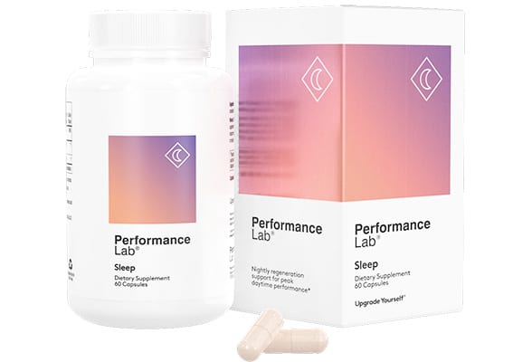 A bottle and packaging of Performance Lab's Sleeping Pill for Long Flights