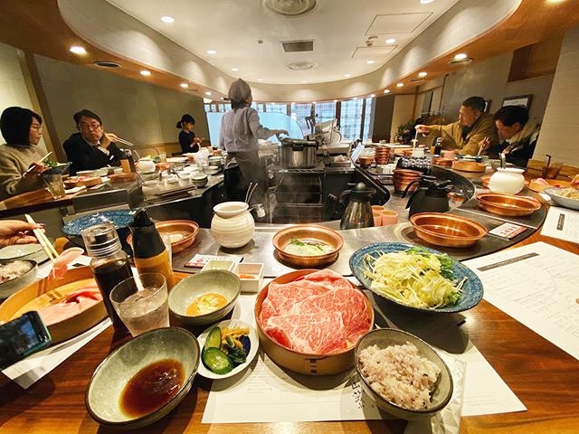 The interior of one of the best shabu shabu restaurants in Tokyo called Yamawarau