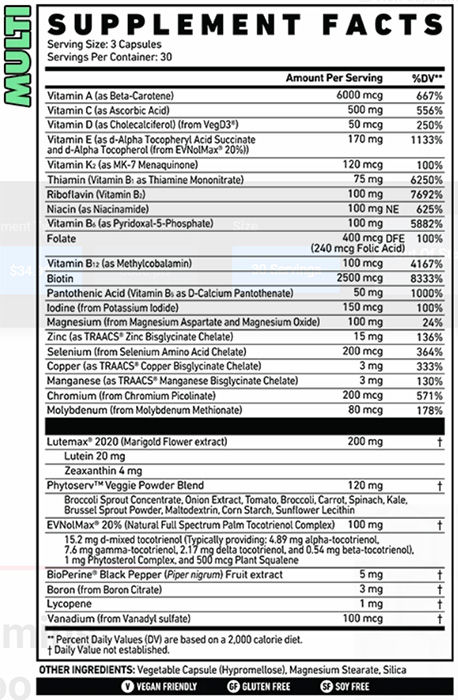 The supplement facts label showing the ingredients in Ghost Multi for this review