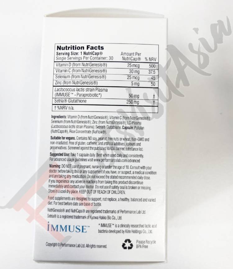 The box showing the supplement facts label and ingredients of Performance Lab PL-Immune